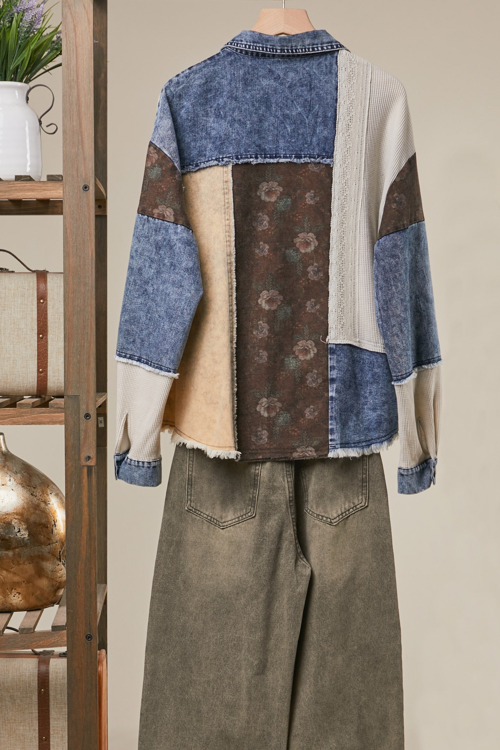 Patchwork Mixed-Media Jacket, Blue Denim Floral