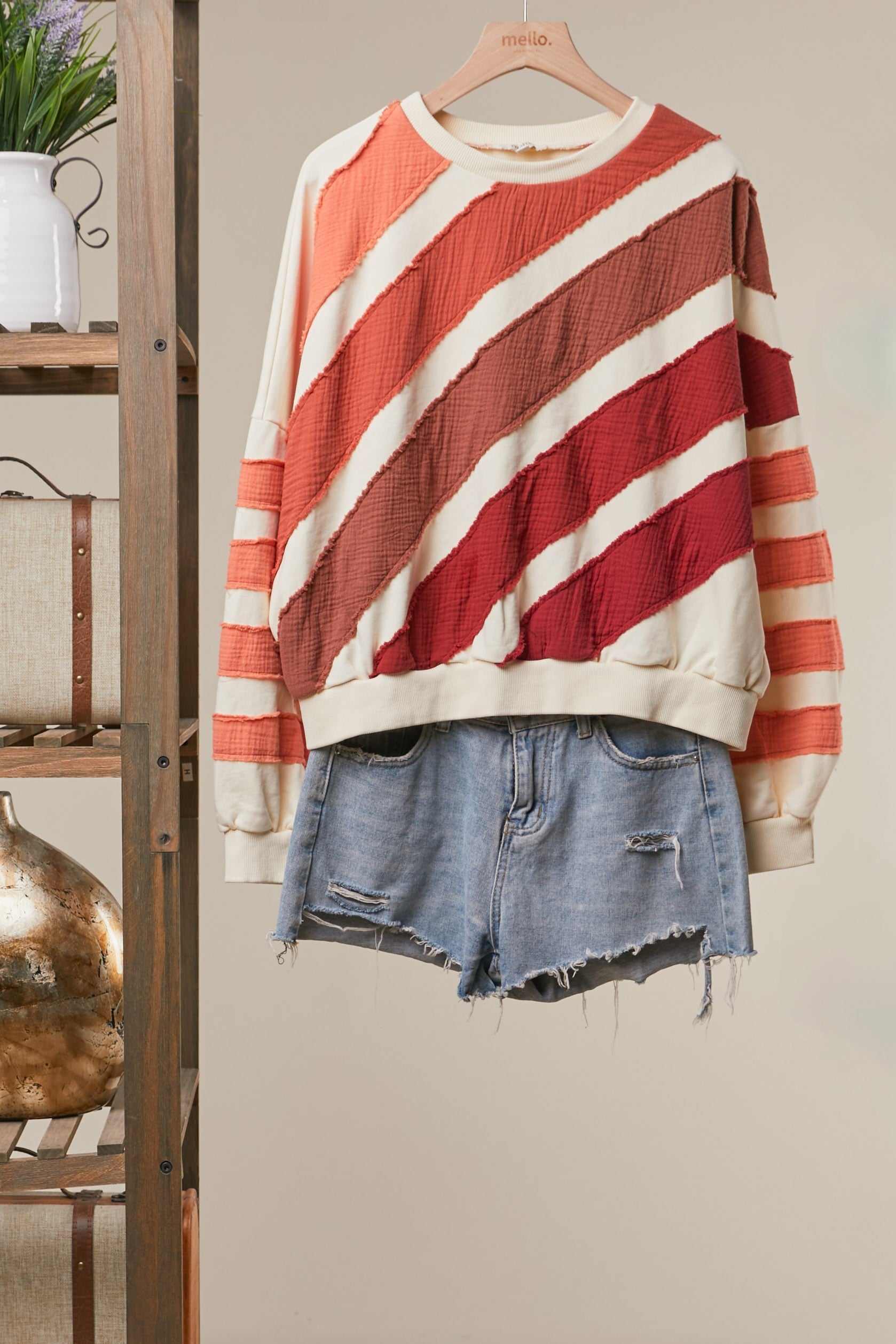 Diagonal Stripe Patchwork Sweatshirt, Cream Multi
