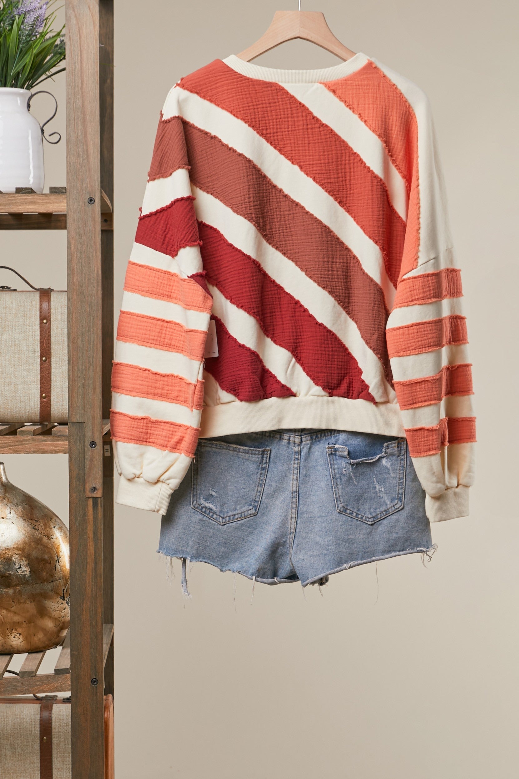 Diagonal Stripe Patchwork Sweatshirt, Cream Multi
