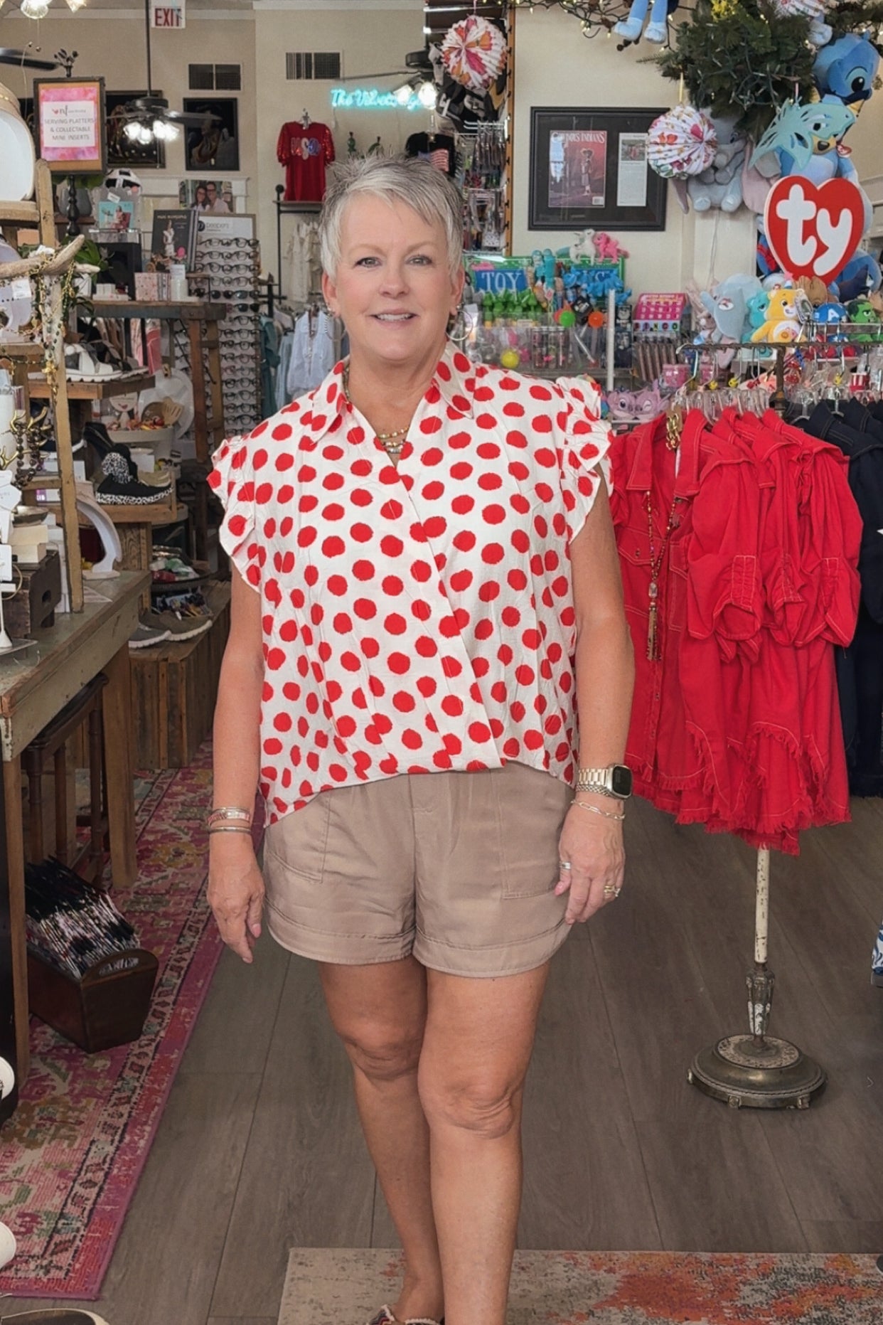 red polka dot shirt