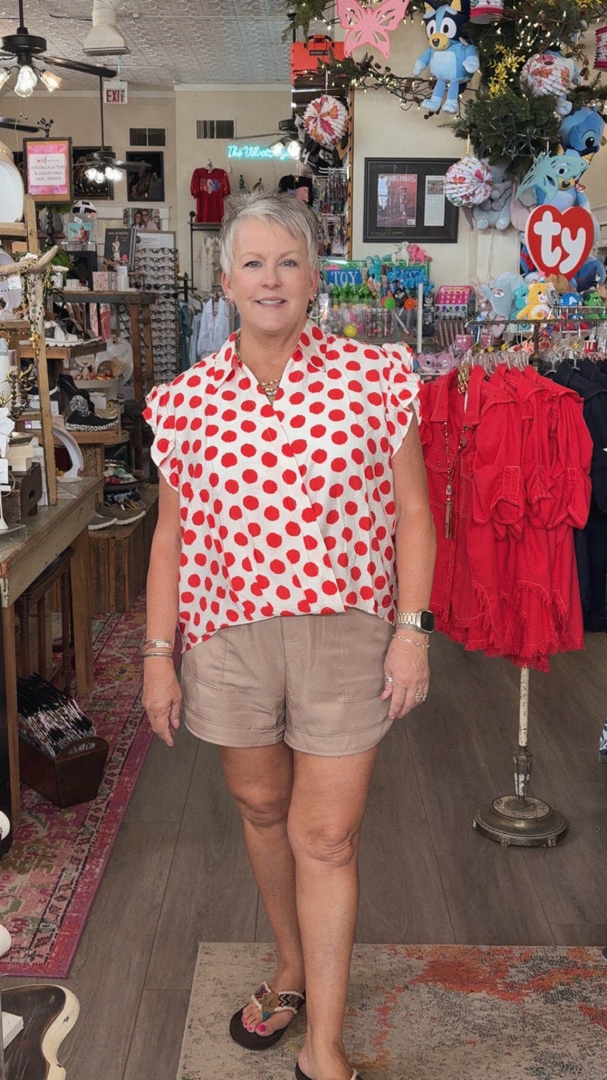 red polka dot shirt