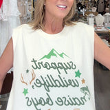 Woman wearing a white tank top with text in a store setting