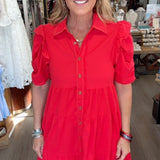 Woman in a red dress standing in a store with various items in the background
