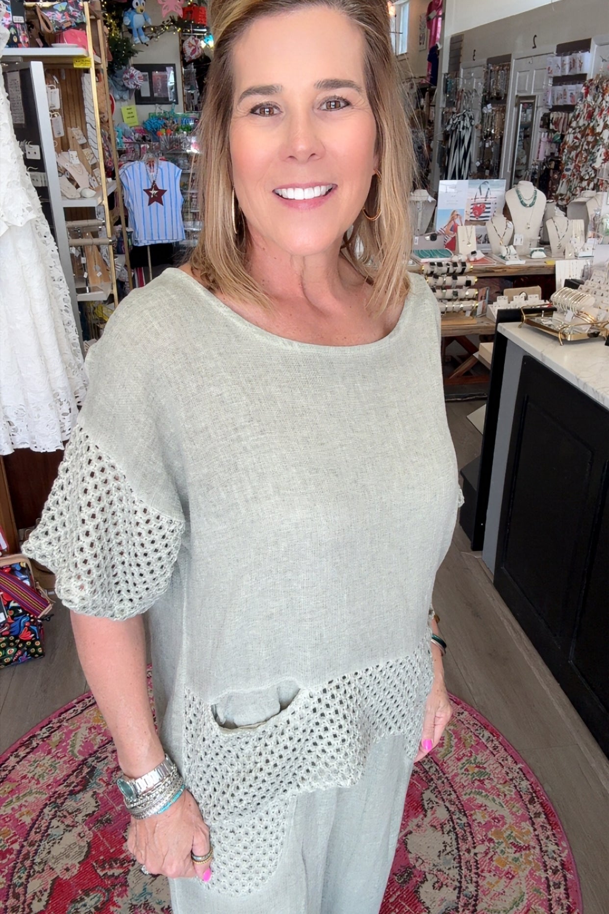 model in linen top and matching pants