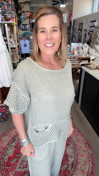 model in linen top and matching pants
