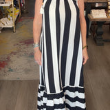 long striped dress on model
