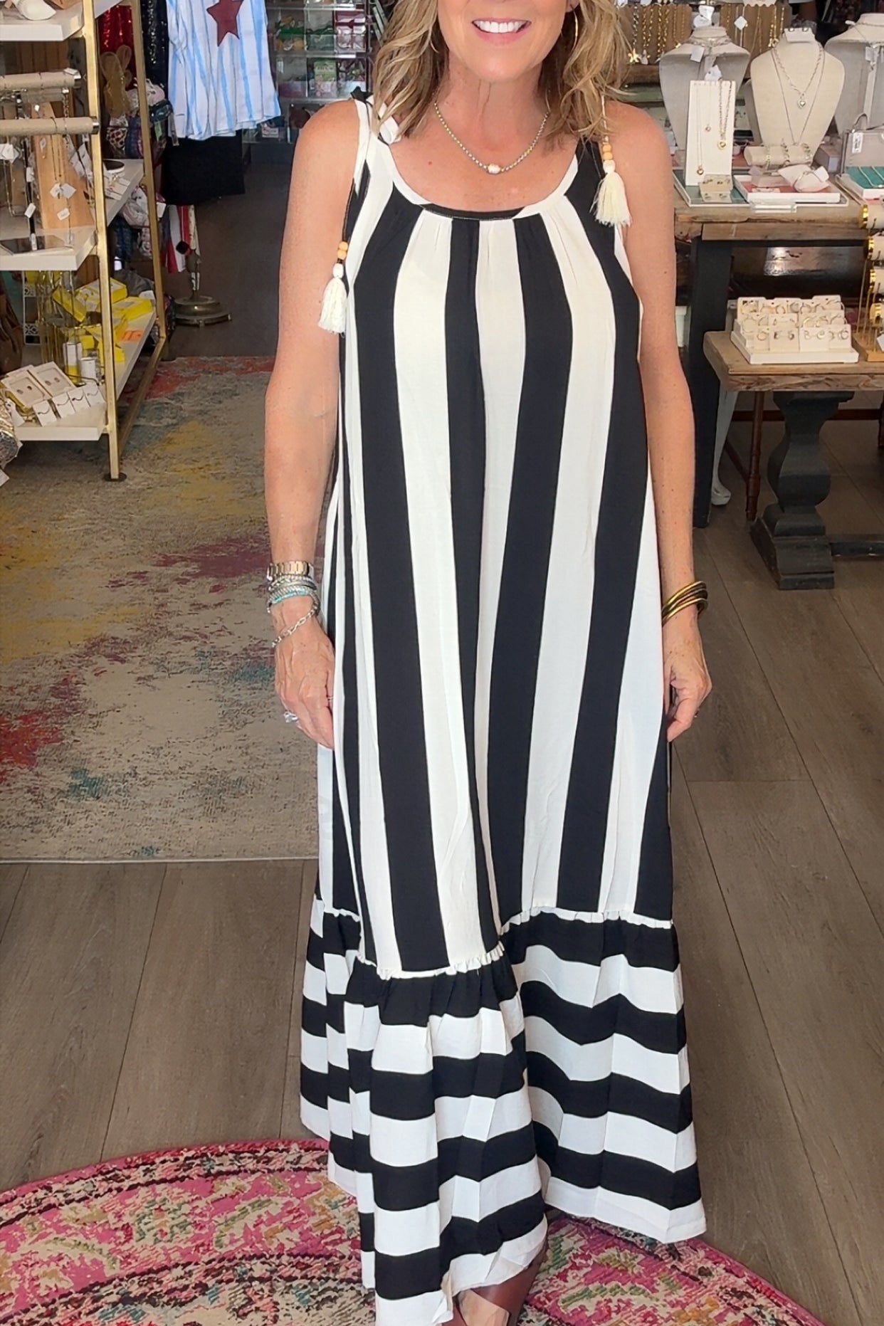 long striped dress on model