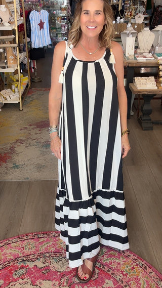 long striped dress on model