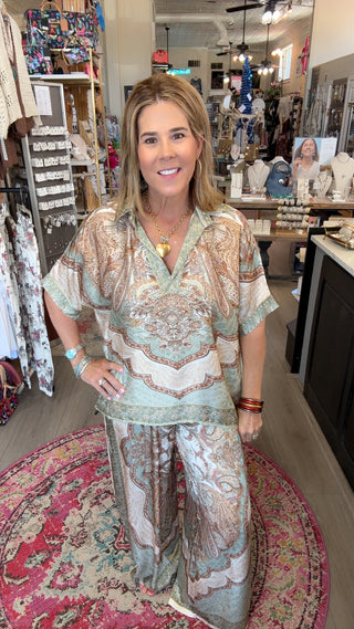 Adele Olive Silk-Blend Flowy Pant