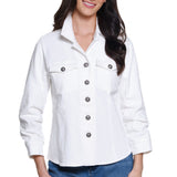 Woman wearing a white denim jacket with button details on a white background