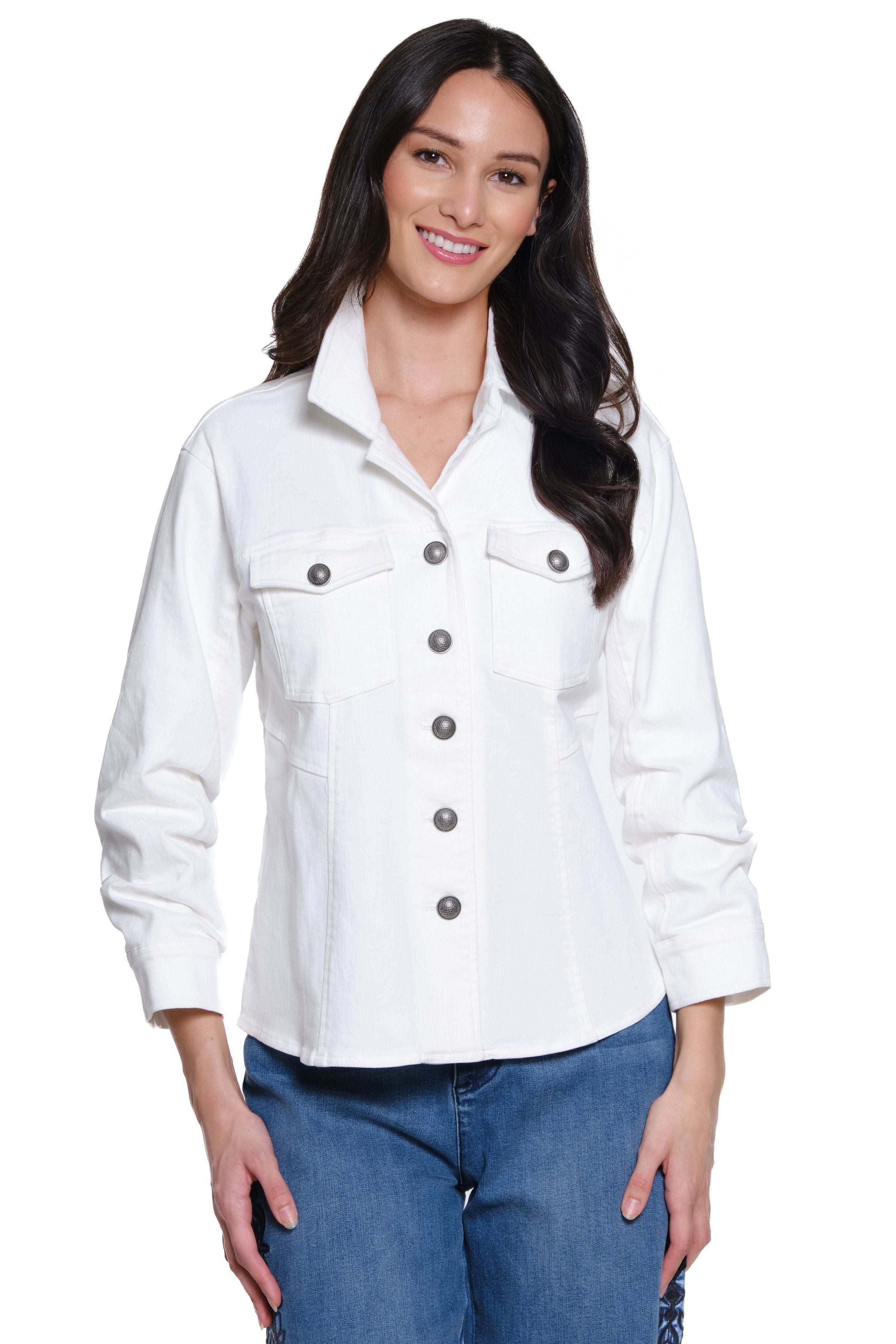 Woman wearing a white denim jacket with button details on a white background