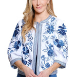 Woman wearing a white blouse with blue floral embroidery on a white background