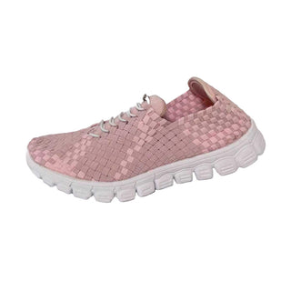 Pink woven sneaker with white sole on a white background