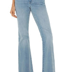 Light blue jeans worn by a person on a white background