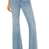 Light blue jeans worn by a person on a white background