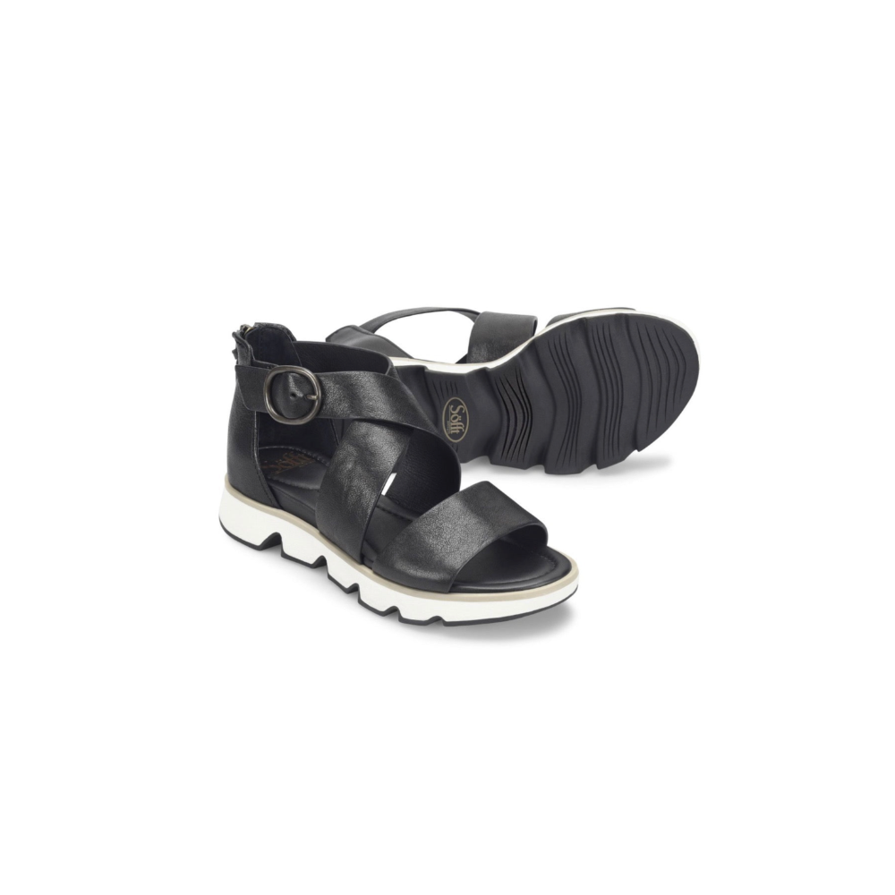 Black sandals with white soles on a white background