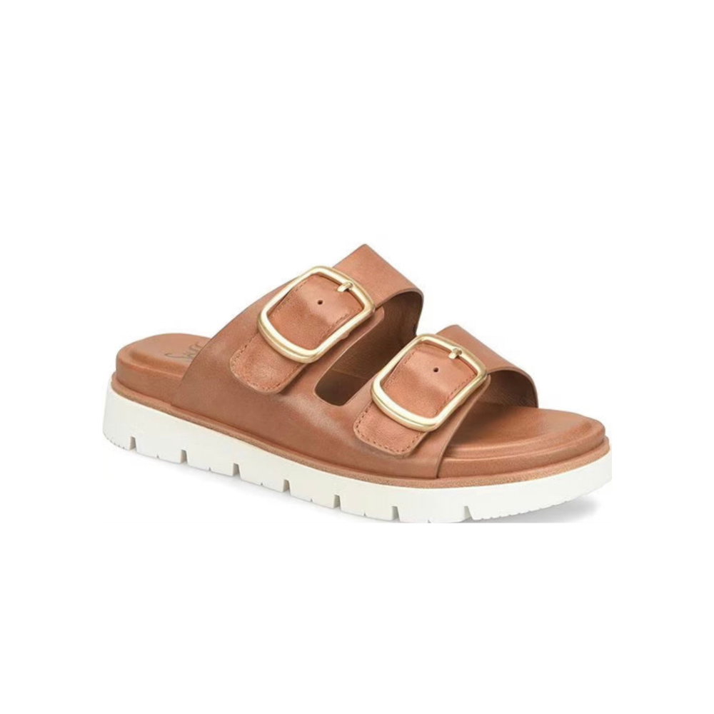 Brown sandal with gold buckles on a white background