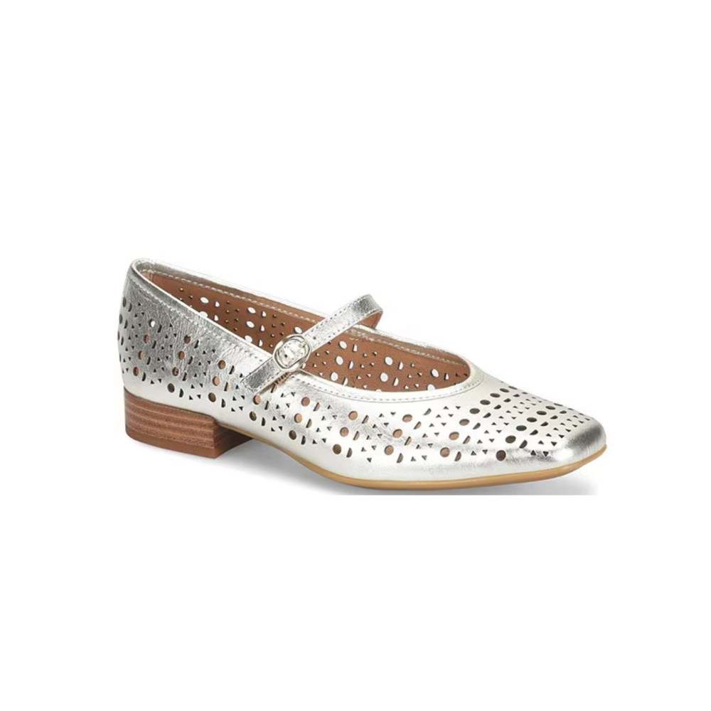 Silver perforated shoe with a wooden sole on a white background