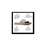 Beige sandal with text detailing features on a white background