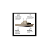 Beige sandal with text detailing features on a white background