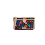 Floral patterned wallet with beige accents on a white background
