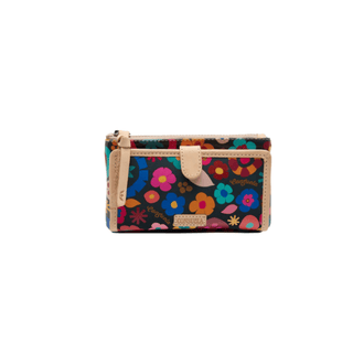 Floral patterned wallet with beige accents on a white background
