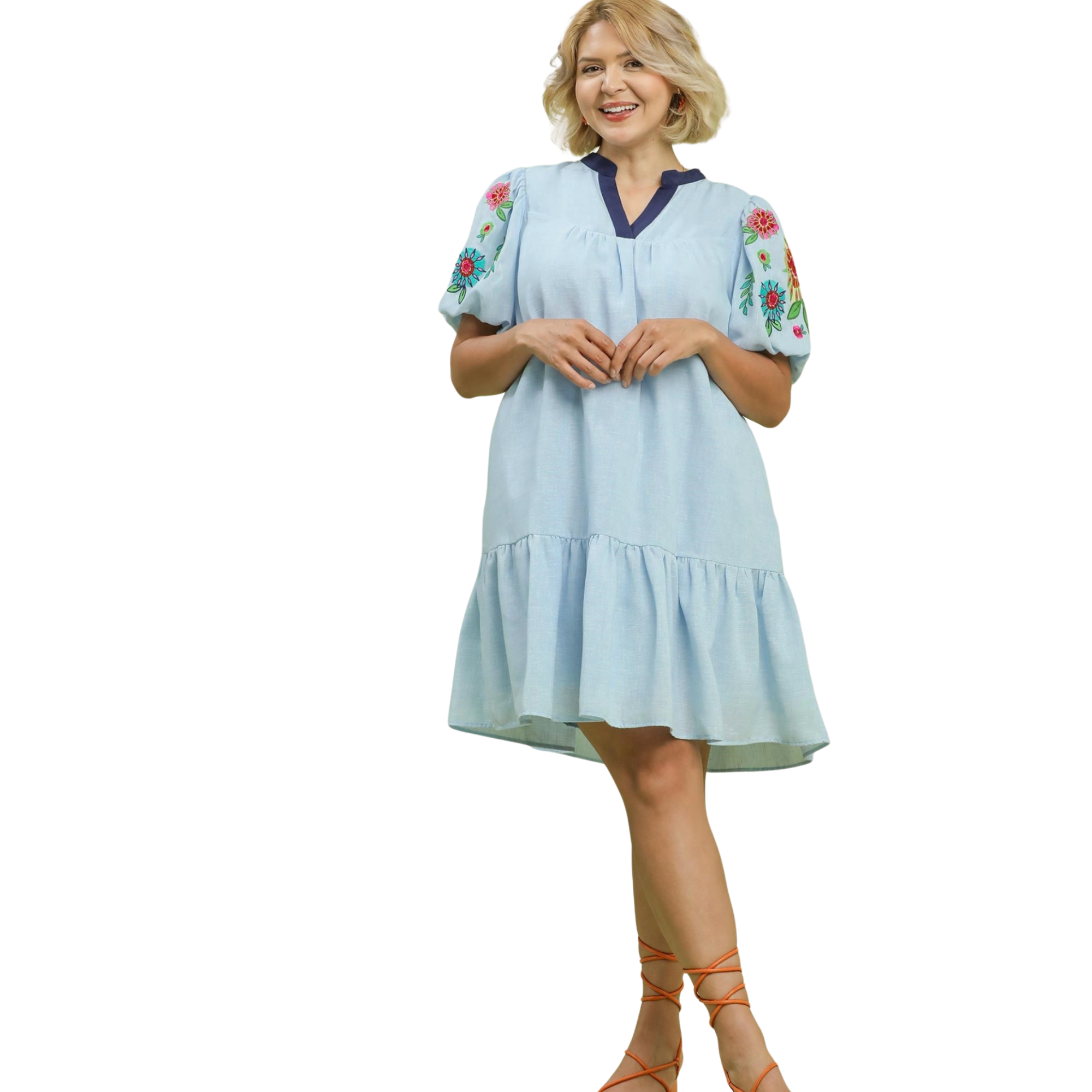 Blue dress with embroidered sleeves