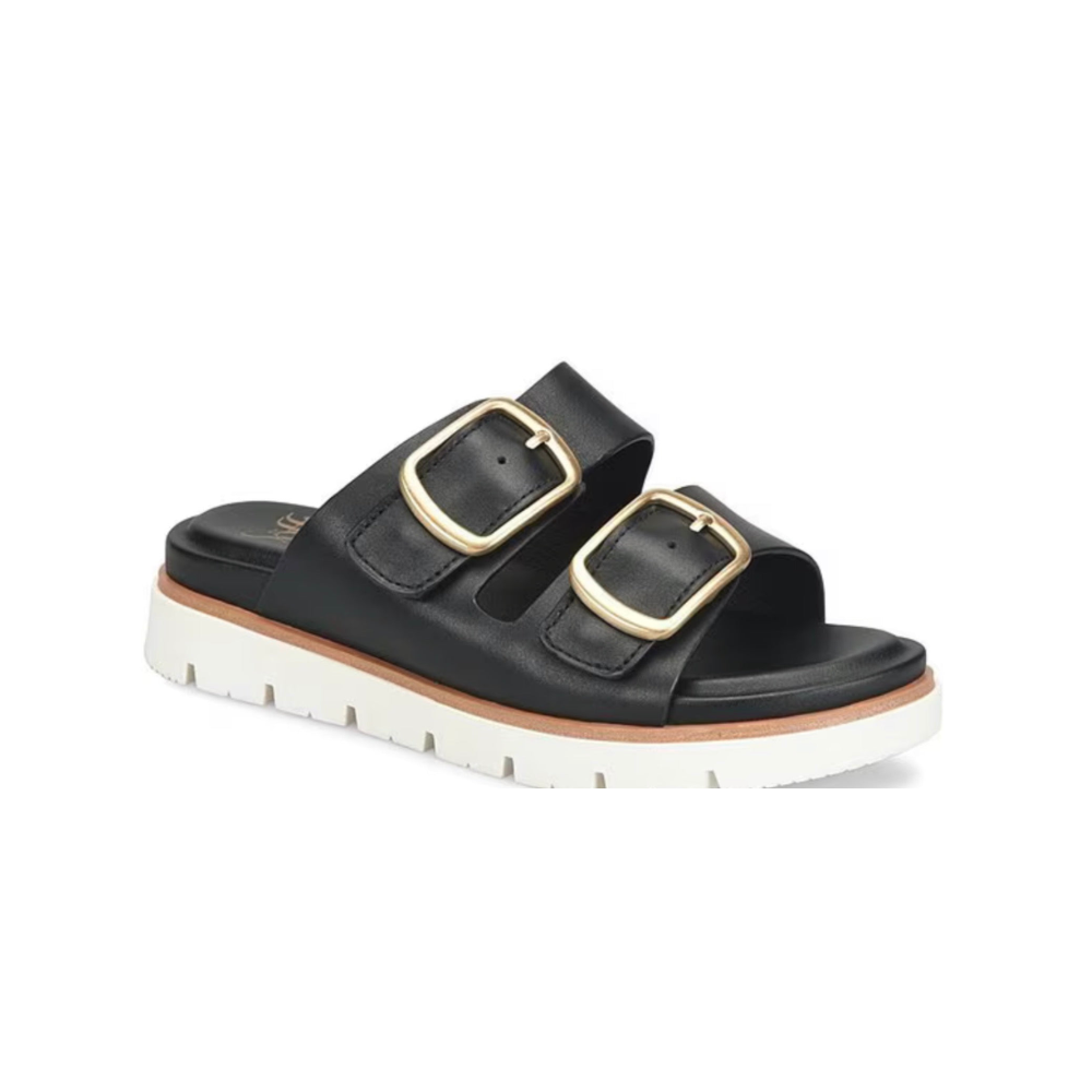 Black sandal with gold buckles on a white background