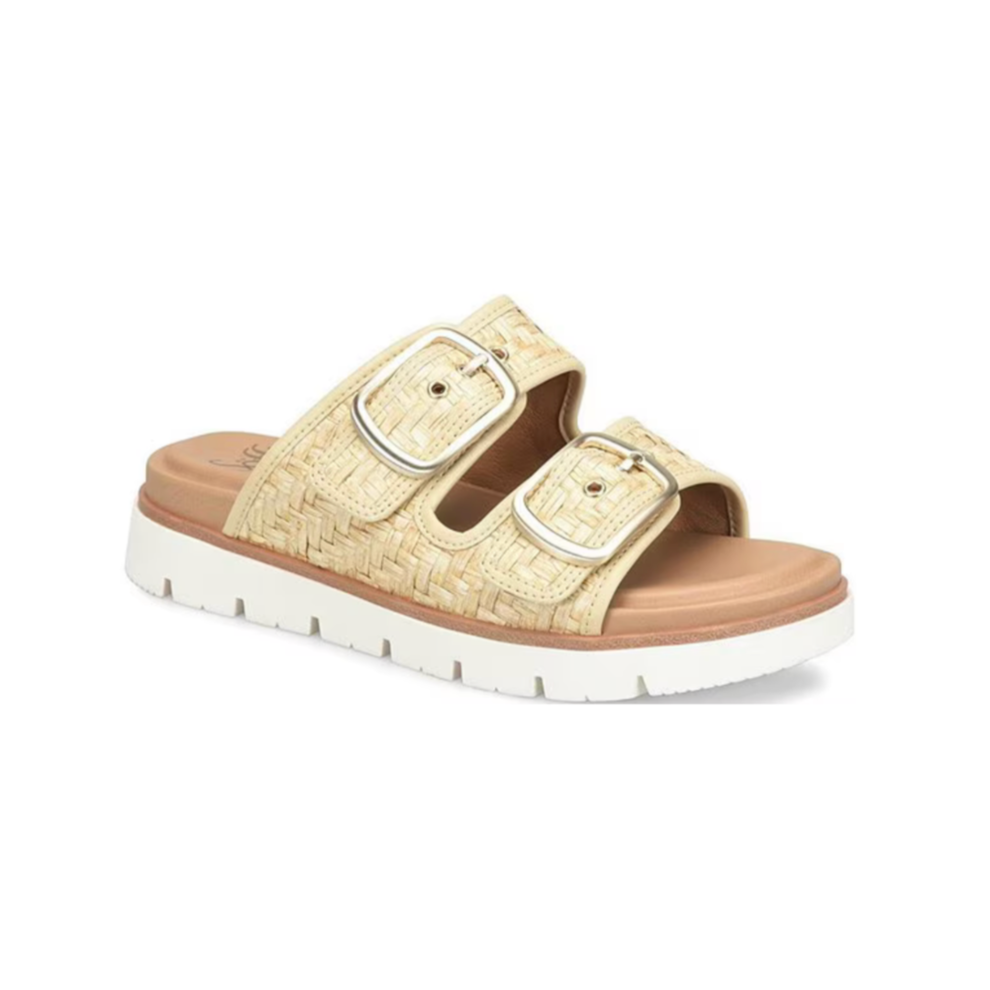 Beige sandal with brown sole on a white background