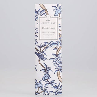 Greenleaf Classic Linen diffuser packaging with floral design on a gray background