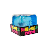 Blue block of ice in a 'Nice Berg' packaging with colorful text on a white background