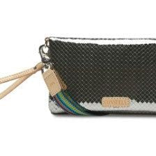 Black textured wallet with a strap on a white background