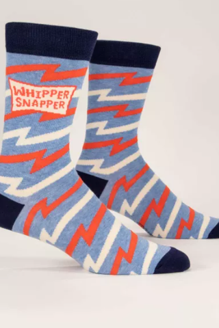 Pair of socks with lightning bolt pattern and 'Whipper Snapper' text on a white background