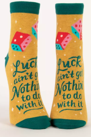 Pair of socks with colorful designs and text on a white background