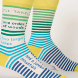 Two striped socks with text on a white background