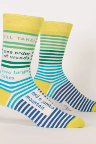 Two striped socks with text on a white background
