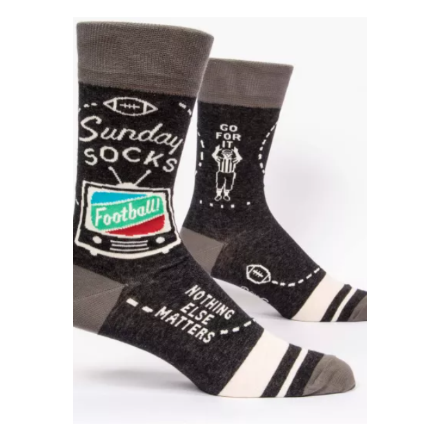 Two socks with football-themed designs on a white background