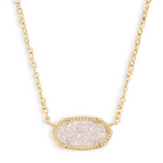 Necklace with a gold chain and a white stone pendant on a white background