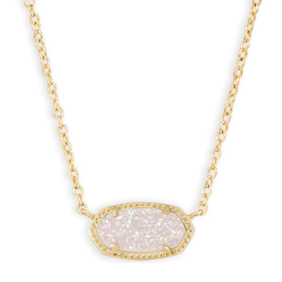 Necklace with a gold chain and a white stone pendant on a white background