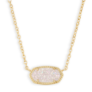 Necklace with a gold chain and a white stone pendant on a white background