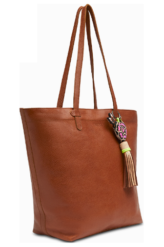 Brown tote bag with a colorful tassel on a white background