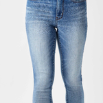 A pair of blue denim mid-rise capris with a front view on a plain background.