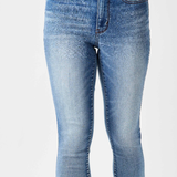 A pair of blue denim mid-rise capris with a front view on a plain background.
