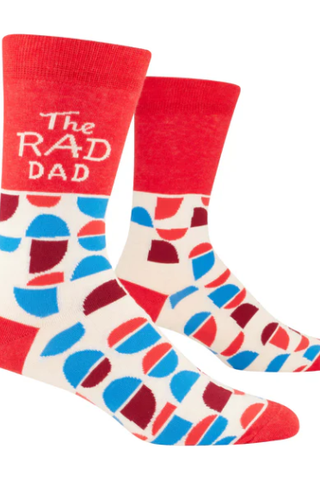 Colorful socks with geometric pattern and 'The RAD DAD' text on a white background