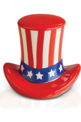 Red, white, and blue top hat with star pattern on a white background