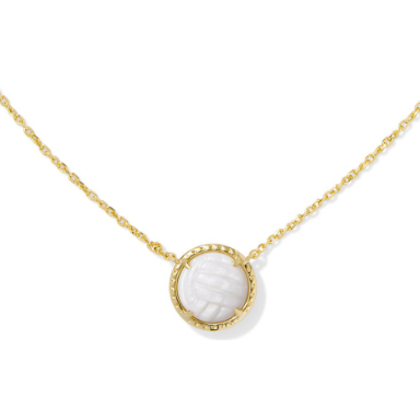 Gold necklace with a white pendant on a white background