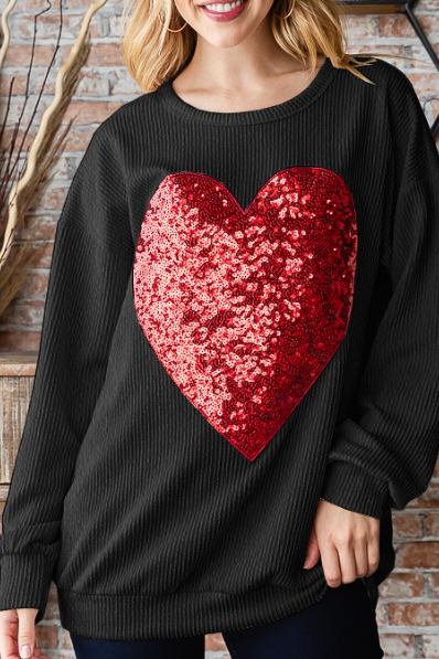 X SEQUIN HEART RIBBED TOP in BLACK 7431