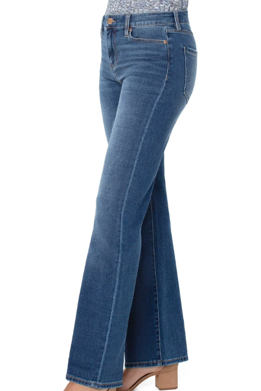 A pair of mid-rise bootcut jeans in a Yuba wash with a slim fit through the hips and thighs, featuring a bootcut style at the knee and leg opening. The jeans have a 5-pocket design, a set-in waistband with belt loops, and a single logo button closure.