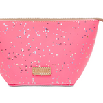 Pink cosmetic bag with star pattern and 'Consuela' brand logo on a white background