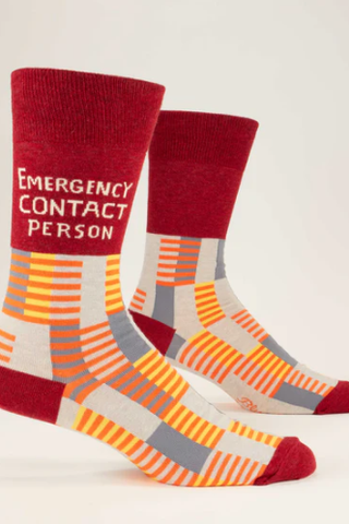 Colorful socks with 'Emergency Contact Person' text on a white background